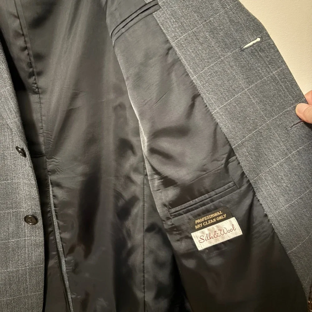 Meeting Street‎ Mens 46R Blazer Silk Wool Blue Herringbone Windowpane Sport Coat